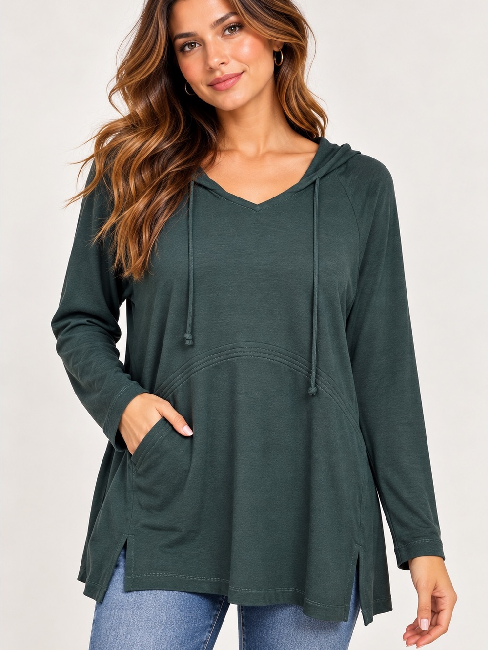 Cabi Size S Green Hooded Tunic Top Long Sleeve V-Neck Stretch Pocket Hoodie